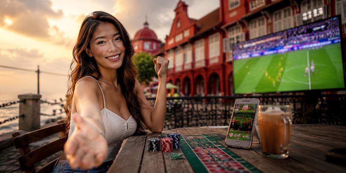 Meja baccarat bergaya Malaysia di Melaka dengan suasana kasino mewah dan pemain berpakaian tradisional